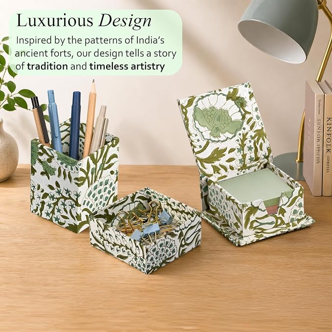 CPC Agate Green Block Print Set of 3 Desk Organizer Pen And Sticky Note Holder Cute, Aesthetic, Decor accessories, workspace organizers, Caddy Storage, Gift for Office, Professionals, Student