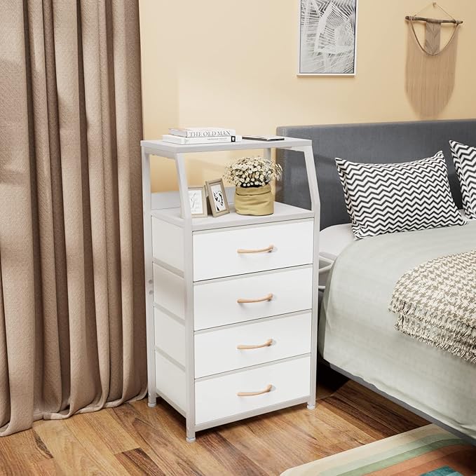 Furnulem Tall 4 Drawers Dresser, Vertical Storage Tower for Bedroom, Hallway, Entryway, Nursery, Closet Organizer, Nightstand Bedside Table Furniture, Sturdy Steel Frame, Wood Top, White