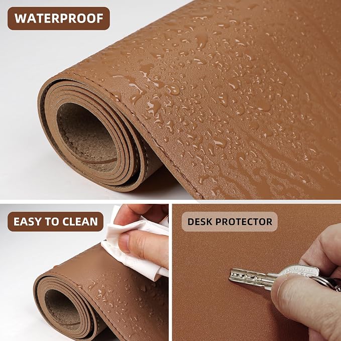 AFIING Leather Desk Pad Protector, Large Desk Mat with Natural Cork & PU Leather, Mouse Pad, Non-Slip Waterproof Desk Writing Pad for Office and Home (Brown)