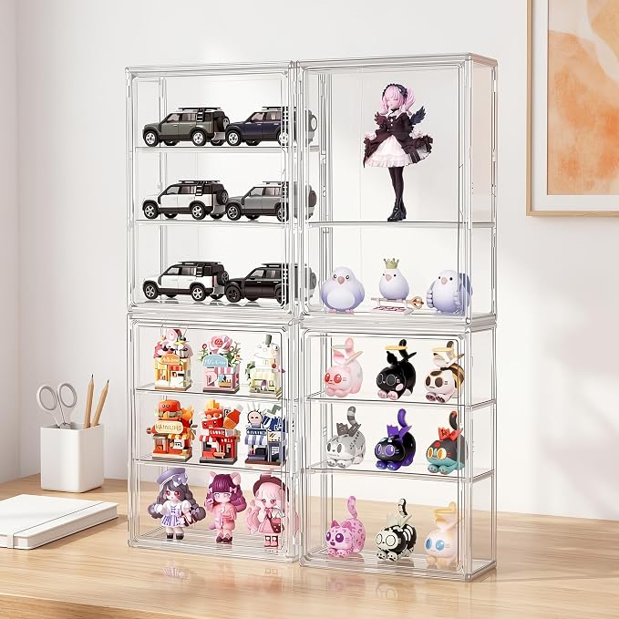 3-Tier Acrylic Display Case for Figures, Wall-Mounted Clear Action Figure Storage Organizer with Magnetic Door & 2 Adjustable Shelves, Dustproof Showcase for Collectibles, 2 Pack