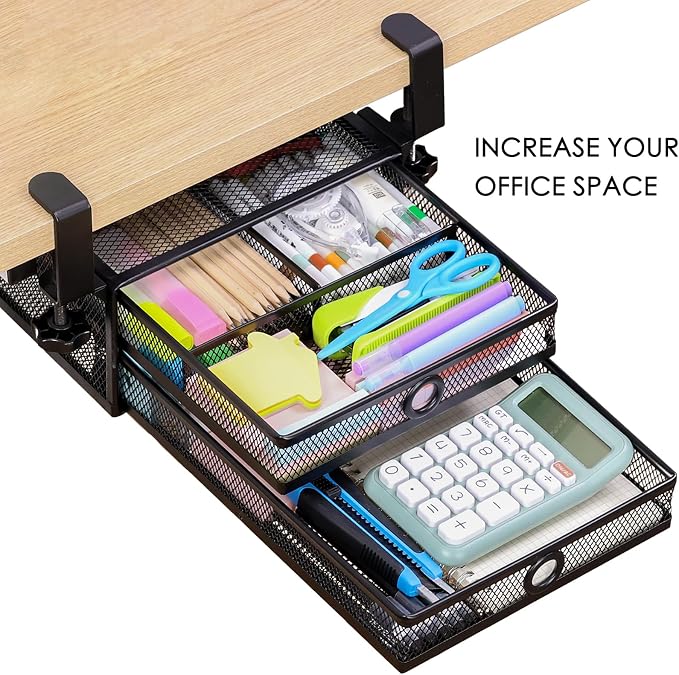 Under Desk Drawer, Clamp on Desk Organizer Slide Out Table Storage No Drill | 2Tier Under desk drawer: clamp on desk organizer, under desk drawer slide out, hanging desk organizer, no drill table storage