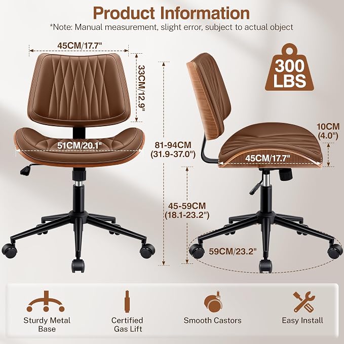 Ergonomic Armless Office Desk Chair - Mid-Century Modern Brown Faux Leather with Diamond Stitch, Adjustable Height Swivel Rolling Task Computer Chair with Walnut Accent for Home Office, Study & Work