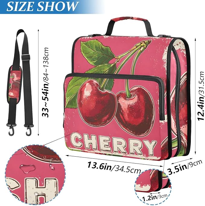 Red Cherry Print 3 Ring Binder Bag 1.5 inch Binder Organizer with Zipper Shoulder Strap 500 Sheet Documents Storage for School Office