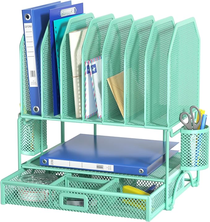 FANXIYQ Metal Desk Organizer with Sliding Drawer, 7-Section File Organizer for Desk, Desktop File Folder & Paper Organizer with 2 Hanging Pen Holders, Office Supplies Organizer, Green