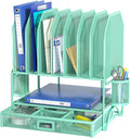 FANXIYQ Metal Desk Organizer with Sliding Drawer, 7-Section File Organizer for Desk, Desktop File Folder & Paper Organizer with 2 Hanging Pen Holders, Office Supplies Organizer, Green