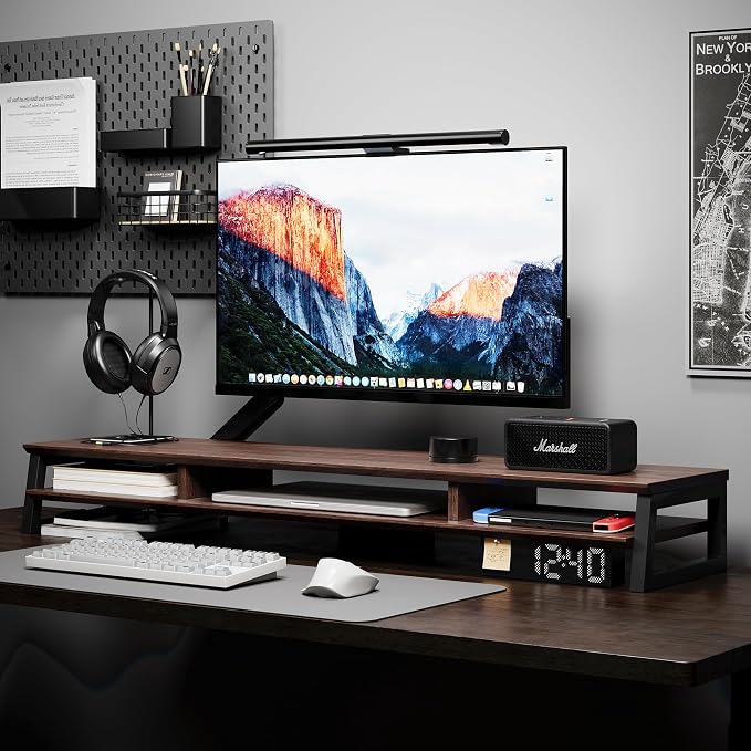 Dual Monitor Stand Riser for Desk, 41.7 Inch Large 2 Tier Computer Monitor Stand for 2 Monitors, Desktop Storage Organizer Shelf with Keyboard Space for Laptop PC Printer Brown