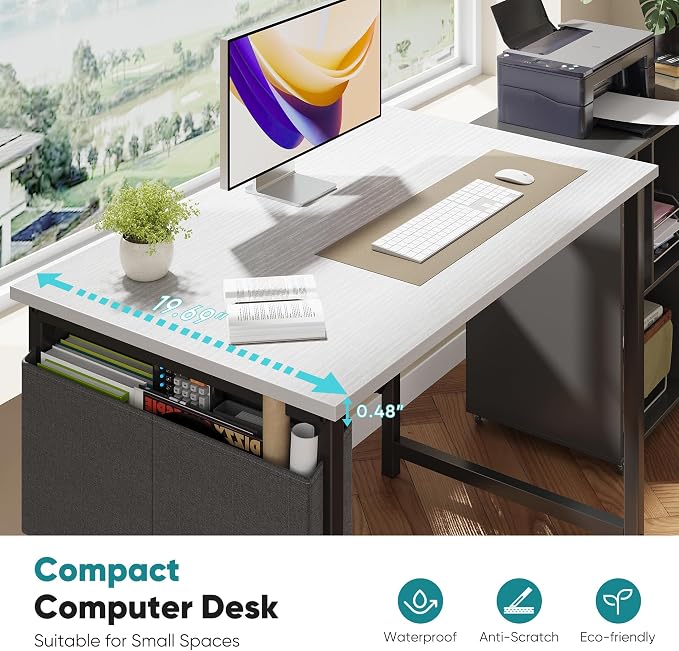 OLIXIS Small Computer Desk, 31 Inch Gaming Desks for Home Office | Writing Study Craft Work Table, Computer Workstation for Bedroom Small Spaces with Storage Bag, White and Black