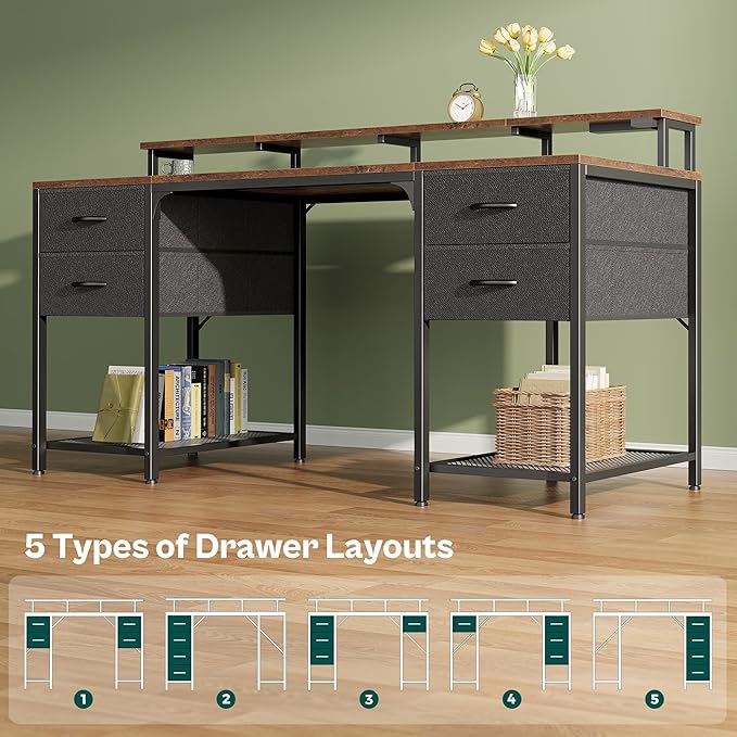 Huuger 63 inch Computer Desk with Power Outlets & 4 Drawers | Gaming Desk with LED Lights, Home Office Desk with Storage Space for Bedroom, Work from Home, Rustic Brown