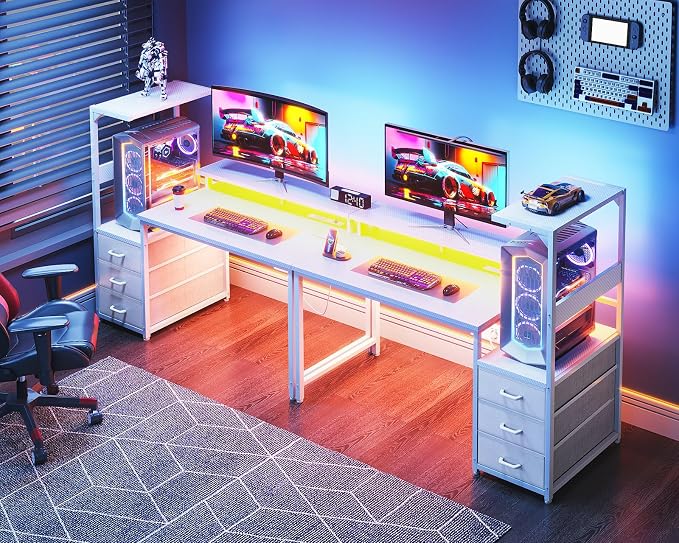 AODK 52 Inch Gaming Desk with USB Charging Ports & LED Light- Reversible Computer Desk with Storage Shelves & Monitor Stand, Modern Gamer Desk Table with Fabric Drawers, White