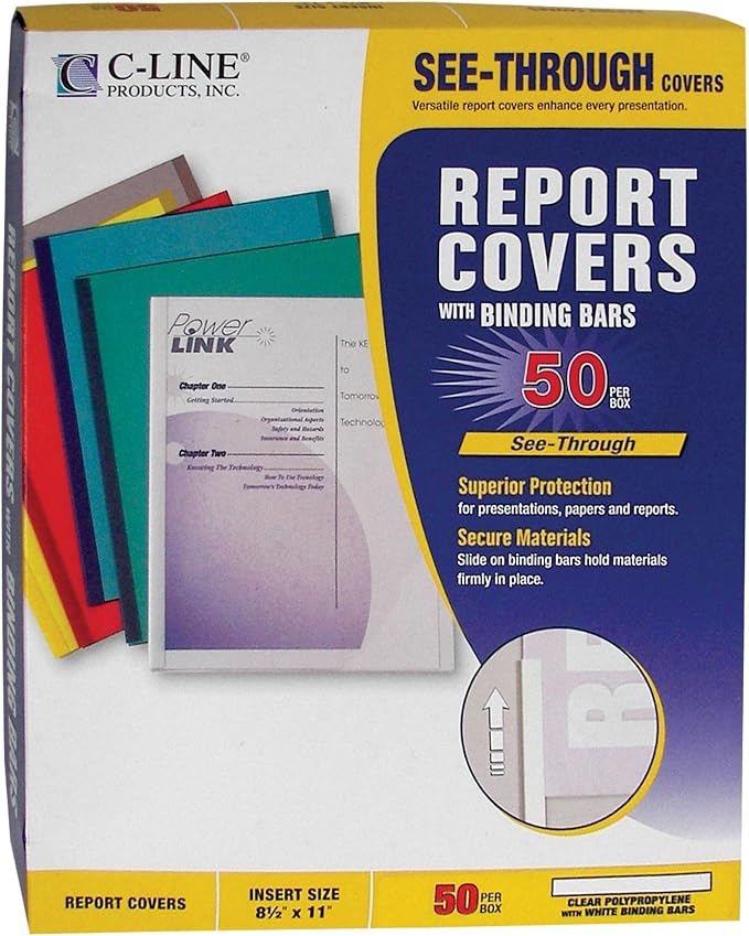 C-Line Report Covers with Binding Bars, Economy Clear Plastic, White Bars, 8.5 x 11 Inches, 50 per Box (32457) (Pack of 2)