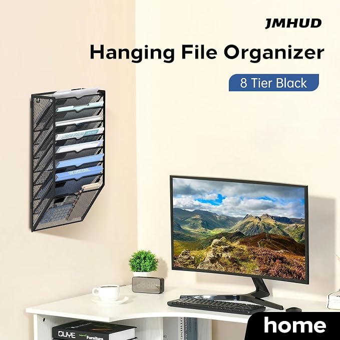 8-Tier Wall File Organizer and Hanging File Organizer, Black | Wall Organizer and Wall Mounted File Holder with 8 Pockets and Label Panels for Files, Mail, Folders, Magazines and Paper