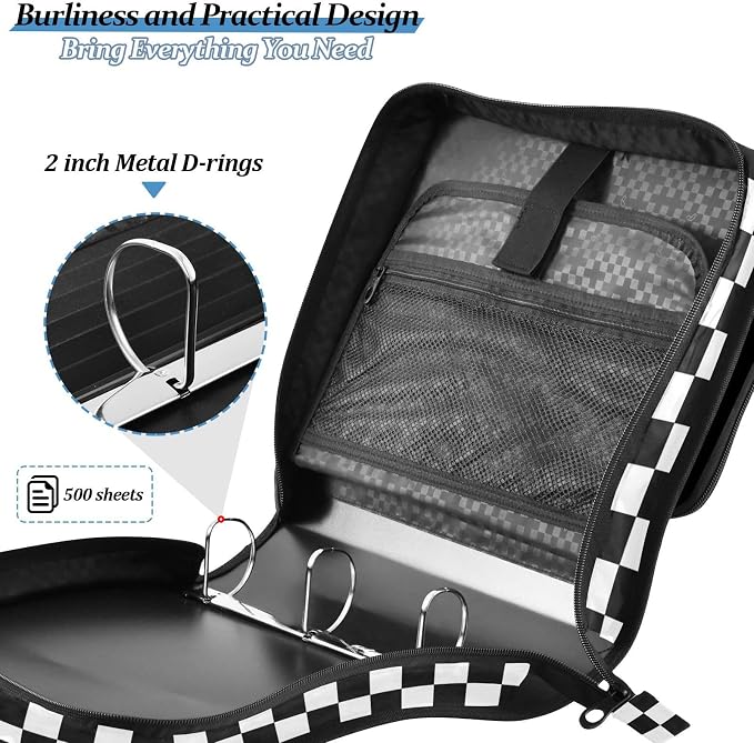 Black White Checkered Pattern 3 Ring Binder Bag 1.5 inch Binder Organizer with Zipper Shoulder Strap 500 Sheet Documents Storage for School Office