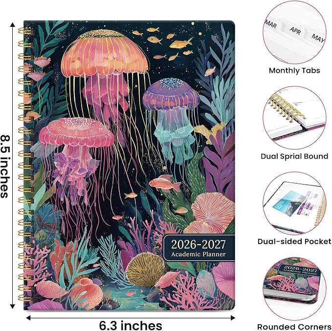 Planner 2026-2027, Academic Year Monthly & Weekly Planner Caledndar, July 2026 - June 2027, Hardcover Large Planning Agenda Book with Tabs for School Office Supplies, 6.3" x 8.5" - Jellyfish