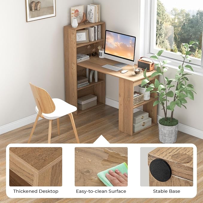 GRAFFY Computer Desk with 6 Storage Shelves - 48" Reversible Writing Desk Workstation with Bookshelf and CPU Stand, Modern Compact Office Desk for Bedroom, Study, Home, Office (Natural) | Reversible Writing Desk with 6 Storage Shelves, Modern Compact O...
