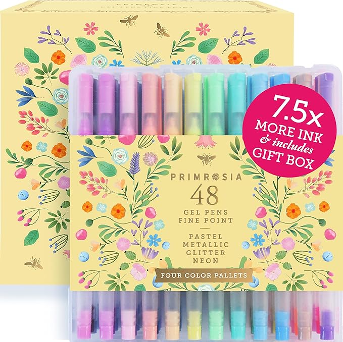 Primrosia 48 Gel Pens, inc. Metallic, Pastel, Glitter & Flourescent for Adult Coloring Book & Dot Grid Journal Pens. No-Bleed-Through in a Variety of Shades, 7.5x More Ink Fine Point Markers Set