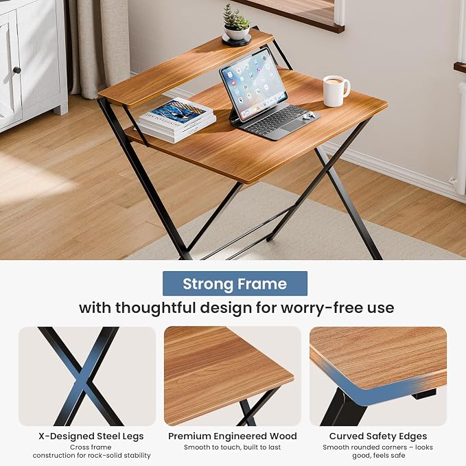 DUMOS Folding Desk No Assembly, Small Computer Desk with Shelf for Dorm | Portable Foldable Table for Laptop, Space Saving Desk for Home Office, Tight Spaces Apartment, Brown