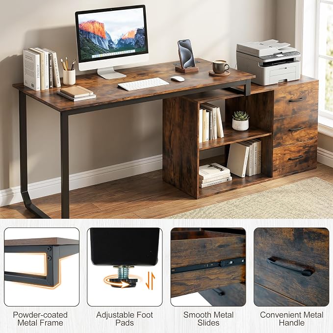 Giantex 55 Inch L-Shaped Desk with Charging Station, Reversible Computer Desk with 3 Drawers, Adjustable Shelf, Large Computer Workstation, Corner Desk for Small Spaces, Home Office (Rustic Brown)