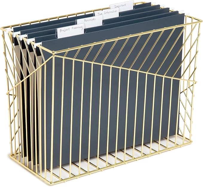 U Brands Wire Metal Hanging File Organizer, Letter Size, Gold Finish