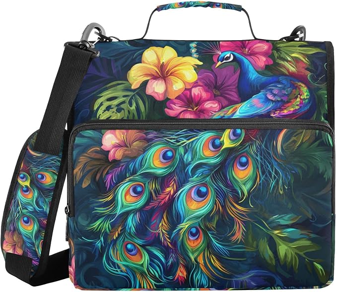 Beautiful Peacock 3 Ring Zipper Binder with Handle 1.5 inch Binder Organizer Bag, Multi Pockets Office File Folder Bag with Shoulder Strap 500 Sheet Capacity