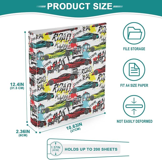 Roadster Car Round Ring Binders 1.5 Inch Sports Racing Car 3 Ring Clipboard Binder for Office School Work Supplies File Folder Document 200 Sheet Capacity Easy Open 2 Pieces