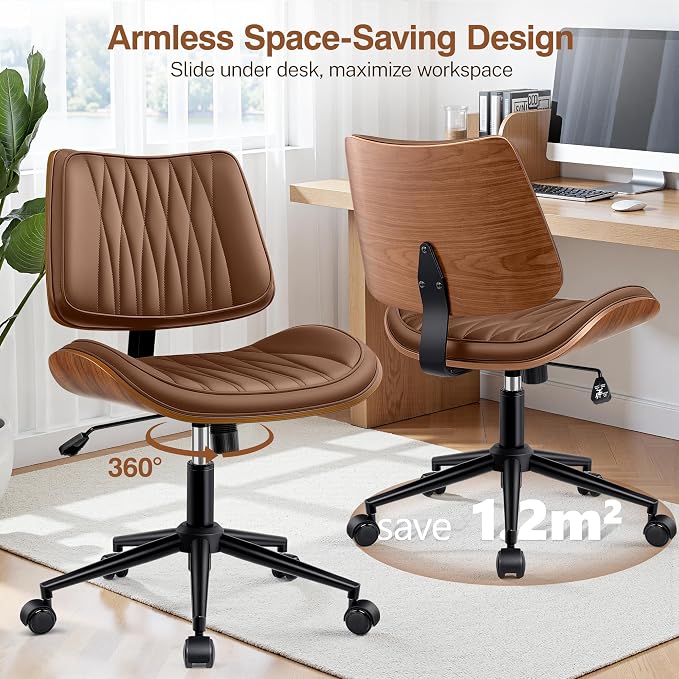 Ergonomic Armless Office Desk Chair - Mid-Century Modern Brown Faux Leather with Diamond Stitch, Adjustable Height Swivel Rolling Task Computer Chair with Walnut Accent for Home Office, Study & Work
