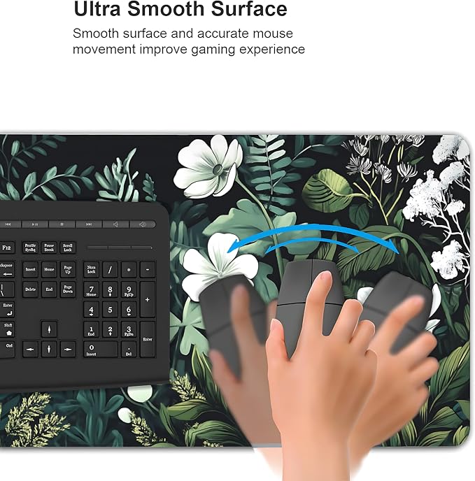 Floral Aesthetic Wildflower Gaming Mouse Pad, Forest Green Moody Forest Desk Mat with Anti-Slip Base & Stitched Edges,35.4" x 15.7" in Table Mat for Computer Desktop, Beautiful Workstation Decor