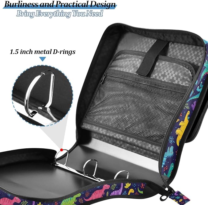 Custom Dinosaurs Leaves Black Print 3 Ring Zipper Binder with Shoulder Strap & Handle 1.5 Inch D-Ring Zippered Bag with Multiple Pocket, Personalized Binder Organizer for School or Office
