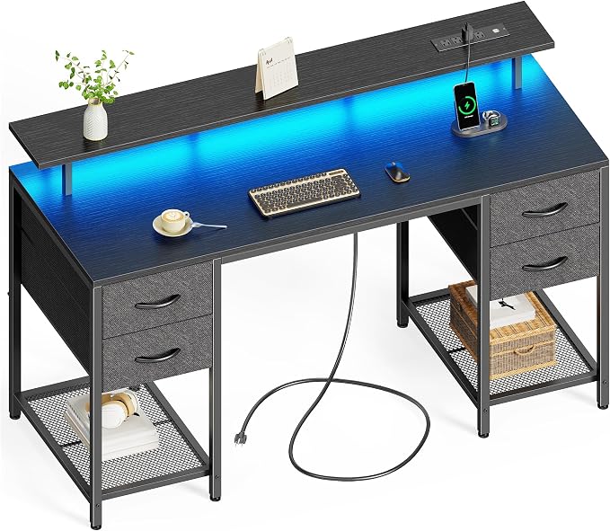 Huuger 55 inch Computer Desk with Power Outlets & 4 Drawers | Gaming Desk with LED Lights, Home Office Desk with Large Storage Space for Bedroom, Work from Home, Black