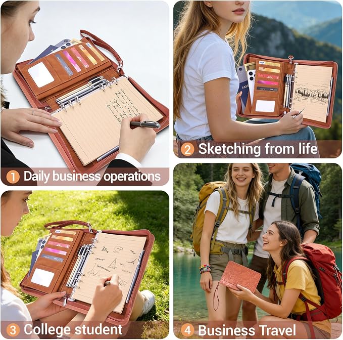 A5 Binder 6 Ring with Zipper, Portable Planner for Travel & Study | Faux leather A5 planner with detachable 6 rings, lined pages, pouches, card slots and pen holder for daily use.
