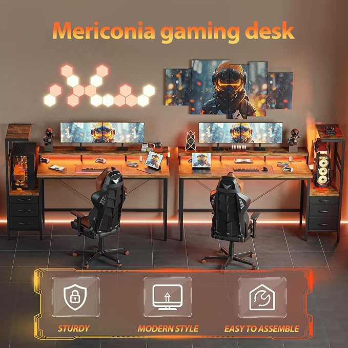 68 inch Gaming Desk with Drawers, Reversible Computer Desk, Brown | Gamer Desk with LED Lights, Power Outlets & Monitor Stand, Large Office Table for Home Bedroom Study Work Writing