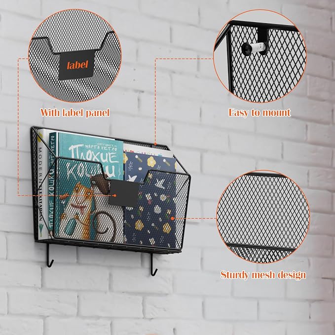 OYEAL Hanging Wall File Organizer, Mesh File Folder Holder for Home Offic | Mail Paper Orgnization, Hanging Wall Mounted Mail Organizer with Label Slots & Hooks, Magazine Rack, Vertical File Storage