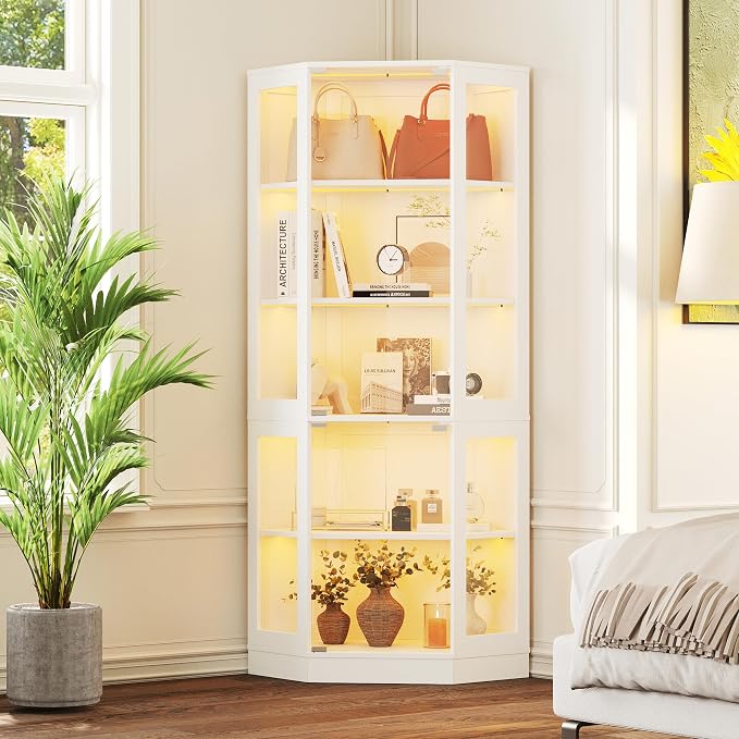 Corner Display Cabinet with Glass Doors, 5-Tier Curio Cabinets with RGB Lights, 71" Display Case with Wood Shelves for Collectibles, White