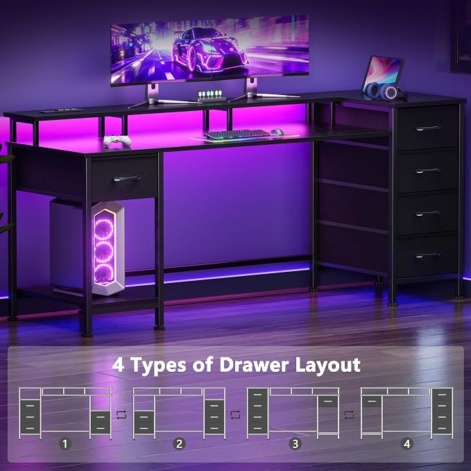 Korfile 61 Inch Gaming Computer Desk with Power Outlets,LED,5 Drawers,Black | For gaming and working,built-in power outlets and LED lights,5 fabric storage drawers, ffits 61-inch, monitor stand,black