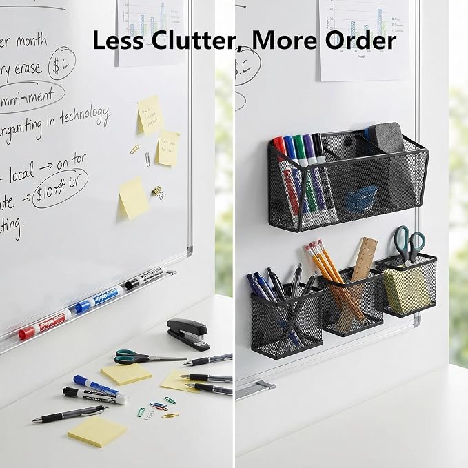 Neudeco Magnetic Pencil Holder, Black, Pack of 4 | Metal Mesh Storage Basket, Locker Shelf Organizer, For Whiteboard & Refrigerator, School & Office Supplies