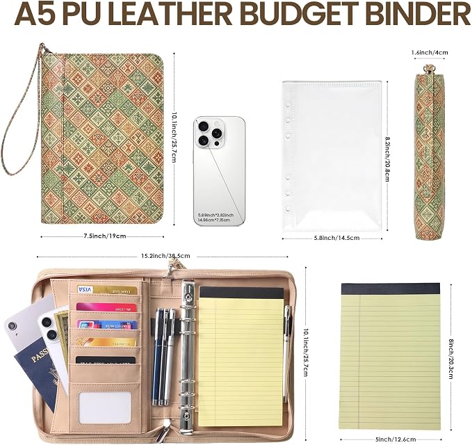 A5 Binder 6 Ring with Zipper, Portable Planner for Travel & Study | Faux leather A5 planner with detachable 6 rings, lined pages, pouches, card slots and pen holder for daily use.