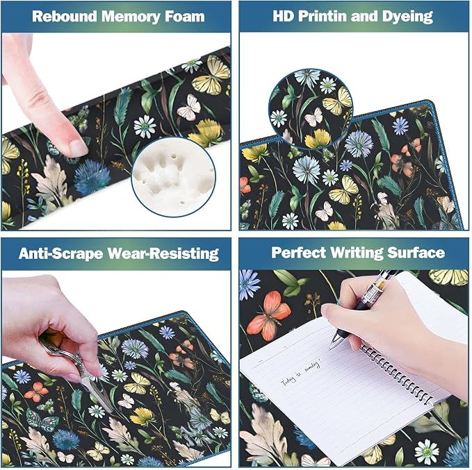 Keyboard Mouse Pad Set, Extended Mouse Pad with Keyboard Wrist Rest Support, Memory Foam Ergonomic Desk Pad Set for Home Office, Flower Leaf Butterfly