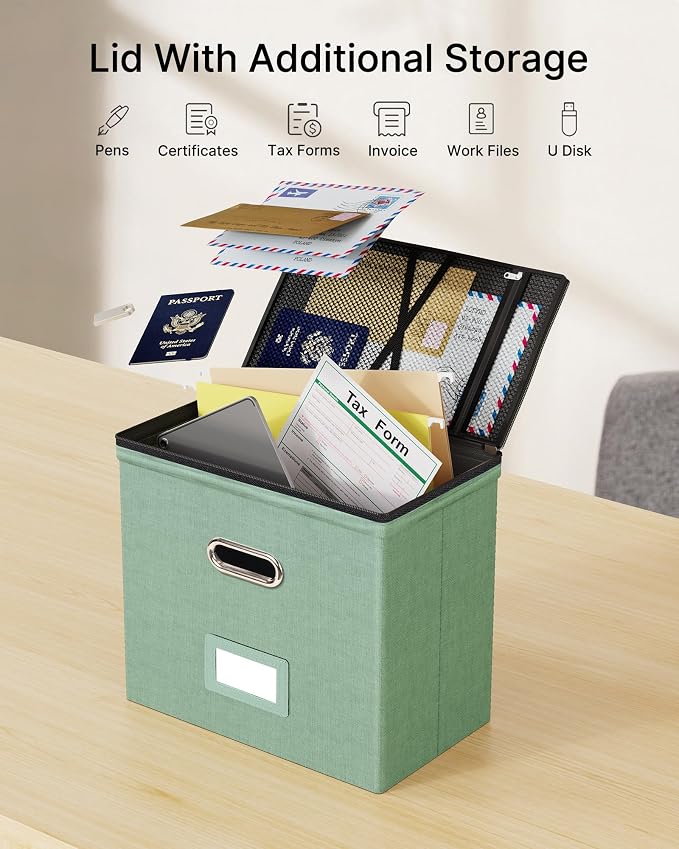 Oterri File Box Small 2-Pack Mesh Pockets Hanging Organizer for Letter-Size | Dustproof Lid. 3 Mesh Pockets. Collapsible Scratch-Resistant GRS Linen. Slide Rails. Office, Home, Dorm