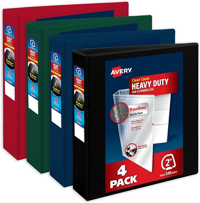 Avery Heavy-Duty View 3 Ring Binders, 2", 4 Assorted Dark Binders | For Heavy School, Home and Office Use, DuraHinge Tear-Resistant Spine, DuraEdge Split-Resistant Sides, Interior Pockets