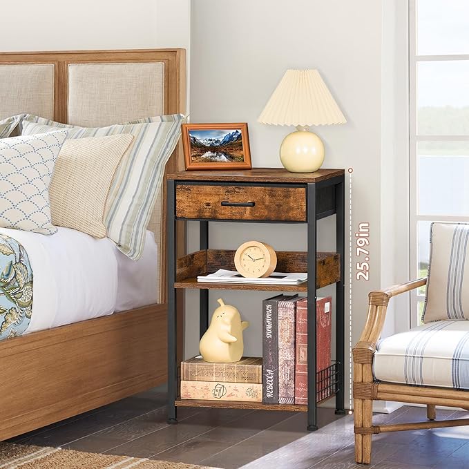 Lerliuo End Table with Fabric Drawer,3 Tier Industrial Wood Side Table with Storage,Modern Tall Printer Stand,Vintage Brown Nightstand,Rustic Bedside Tables for Living Room Bedroom Small Spaces | Three-tier printer stand with fabric drawer and two shel...