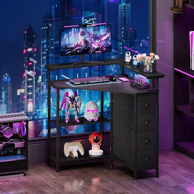 VENNQD Corner Desk with Drawers Shelves for Small Space 90 Degrees Triangle Computer Desk with Power Outlets,Gaming Desk with LED Lights Monitor Stand for Home Office Workstation Writing Table (Black)
