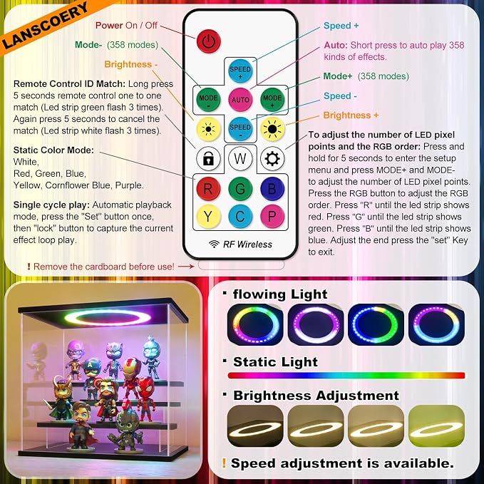 LANSCOERY Acrylic Display Case with RGBW Lights, 4 Tier Black | 11.8 x 8.9 x 11 in case displays small figures on desks or shelves with tiered rows and front access.
