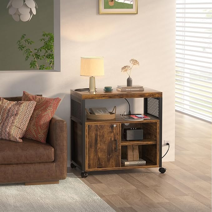 Unikito Rolling File Cabinet, Lateral Filing Cabinet on Wheels Mobile Office Printer Stand with Door and Open Storage Shelf for A4, Letter Size and Hanging File Folders, Lockable, Rustic Brown