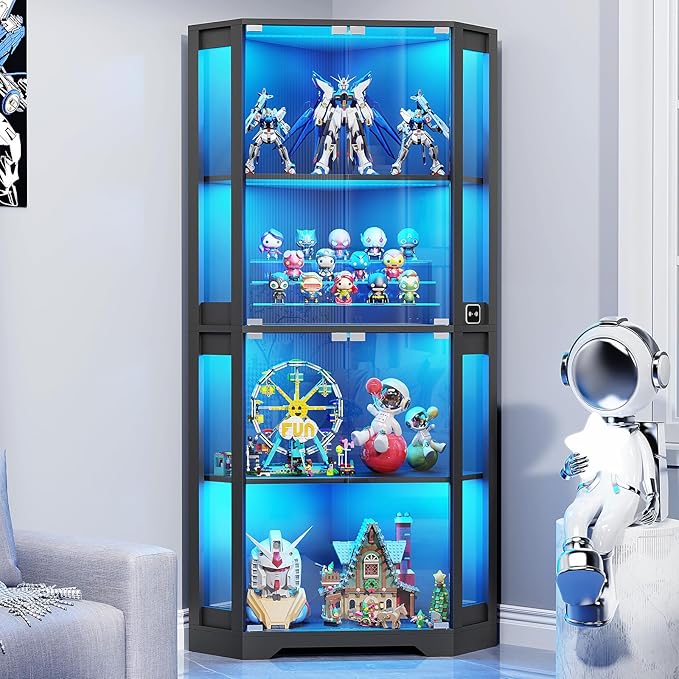 BROTTAR Lighted Corner Display Cabinet with Glass Doors for Collectibles | 65" Curio Cabinet with 3 Color LED Lights, 4-Tier Showcase Display Case with Human Body Sensor for Trophies, Books, Black