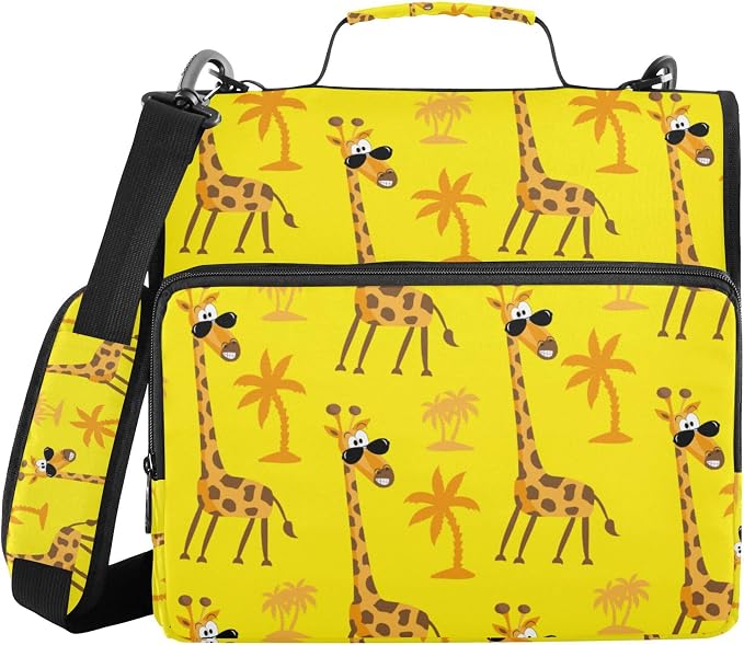 Fisyme Tropical Funny Giraffe Zipper Binder 3 Ring with Zipper and Shoulder Strap Large Capacity Multi-Pocket Binder Organizer