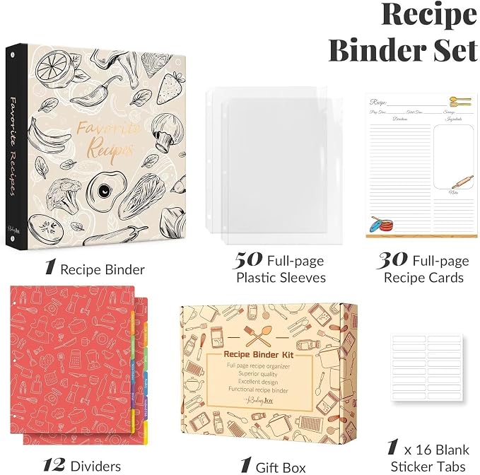 Recipe Binder with Plastic Sleeves, 8.5x11 3 Ring Blank Recipe Book Binder | Premium recipe binder kit with waterproof cover, sleeves, cards, dividers and gift box for preserving recipes-Oyster White.