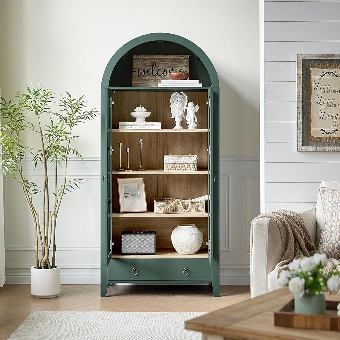 RowyPoey 71" Tall Arched Cabinet Bookshelf with Glass Door & Storage Drawer | Modern Farmhouse Display Cabinet,Adjustable Shelves,Wood Kitchen Pantry for Dining Room,Living Room,Office,Green,2 Pack