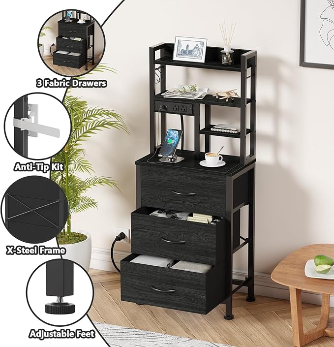Black Nightstand with Bookshelf, Tall Bedside Table & Night Stand | 3 Fabric Drawers & LED Lights, 45.3" Bed Side & End table with Charging Station in Bedroom, Dorm, Metal Frame, Wood Shelves