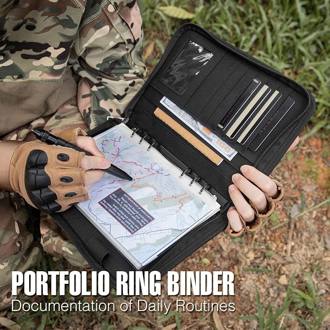 Kosibate Tactical Notebook Padfolio Ring Binder with 80 Sheets, Tactical Binder Zippered for Folders, Cards Refillable 6-Ring Notepad,Army Military Waterproof Notebook Cover(Black,7.3"x10.1")