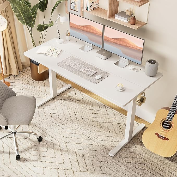 Sweetcrispy Electric Standing Desk, Computer Desk, 63x24 Inch | Adjustable Height, Splice Wood Board, 3 Memory Preset, Sit Stand Work Table for Home Office, White