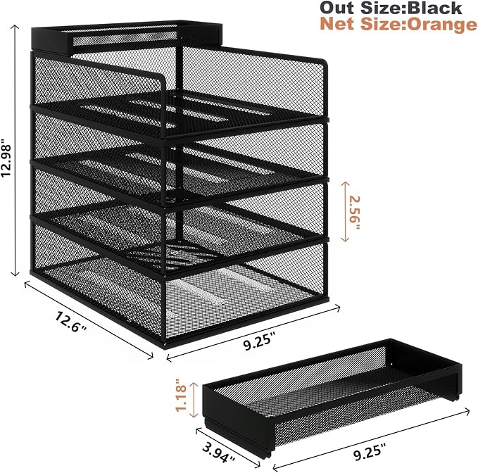 Natwind 4-Tier Stackable Metal Mesh Letter Paper Tray Organizer,Black | Desk Organizer For Paper,Document,Mail Tray For Office Supplies,File Holder For Home Office School Classroom Organization